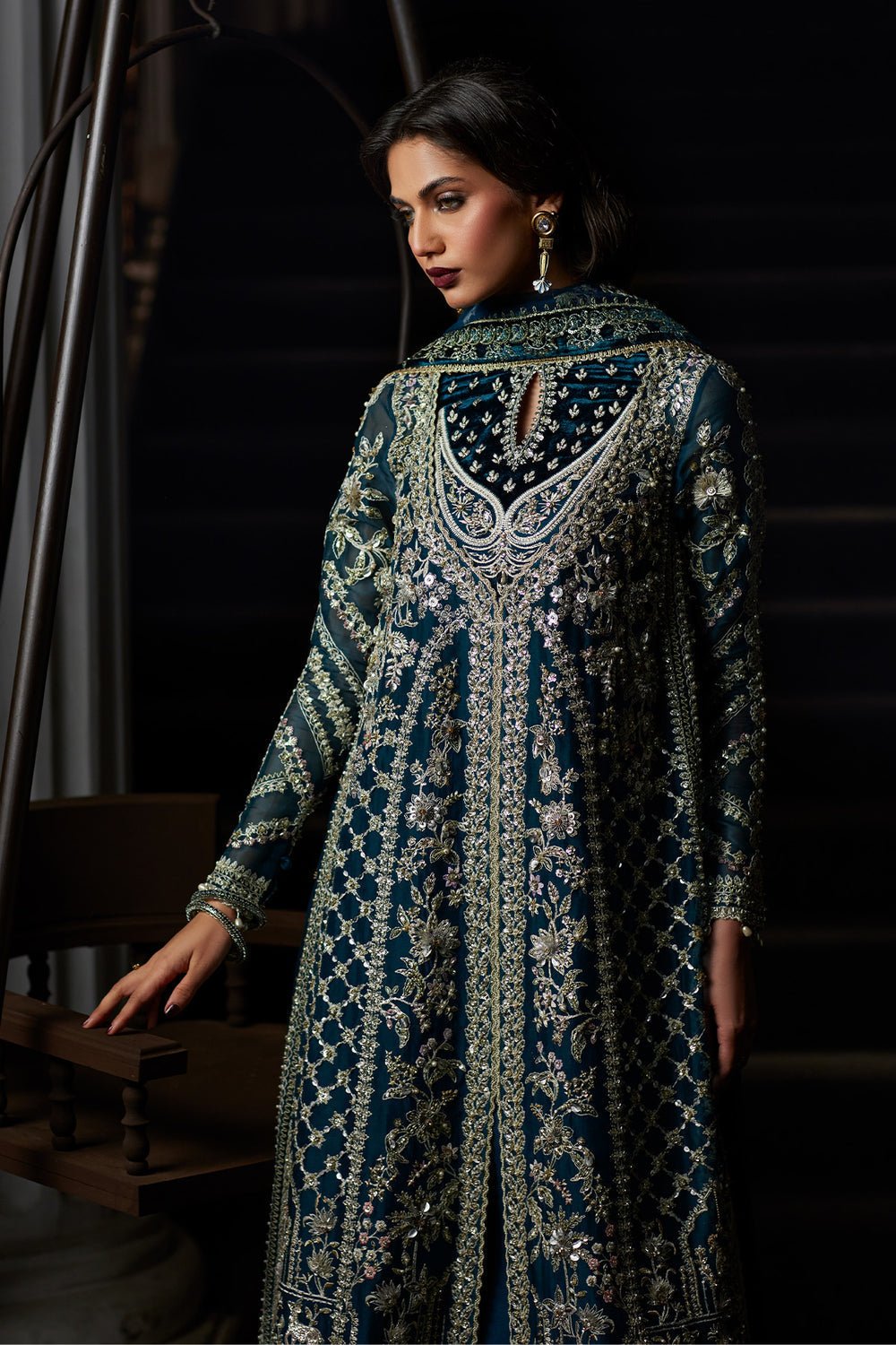 Saad Bin Shahzad | El Veneto Luxury Formals | ALIRA-Brand:Saad Bin Shahzad-Type:Ladies Clothes-Dark Teal Green-Velvet-House of Maryam- Buy in UK, USA
