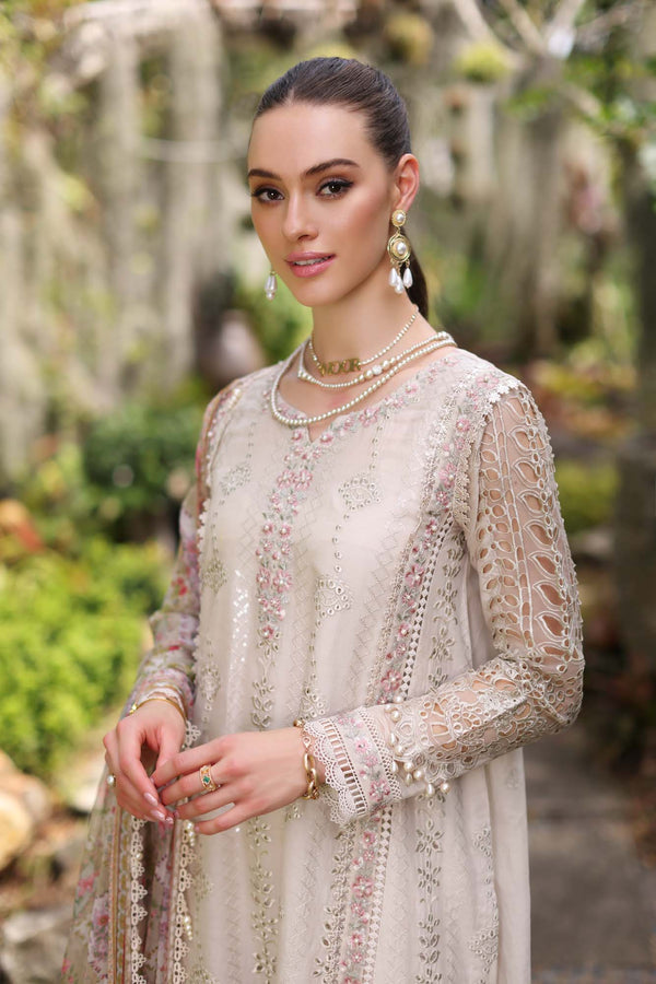 Noor by Saadia Asad | Luxury Chikankari Lawn24 | D3-B Beige Schifli by Designer Noor by Saadia Asad - House of Maryam - Pakistani Designer Ethnic Wear in {{ shop.shopifyCountryName }}