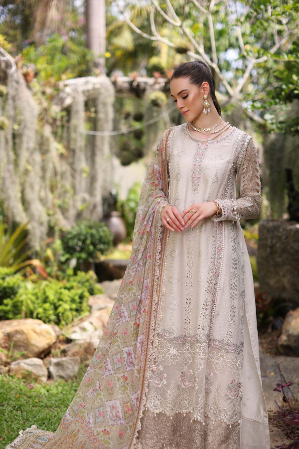 Noor by Saadia Asad | Luxury Chikankari Lawn24 | D3-B Beige Schifli by Designer Noor by Saadia Asad - House of Maryam - Pakistani Designer Ethnic Wear in {{ shop.shopifyCountryName }}