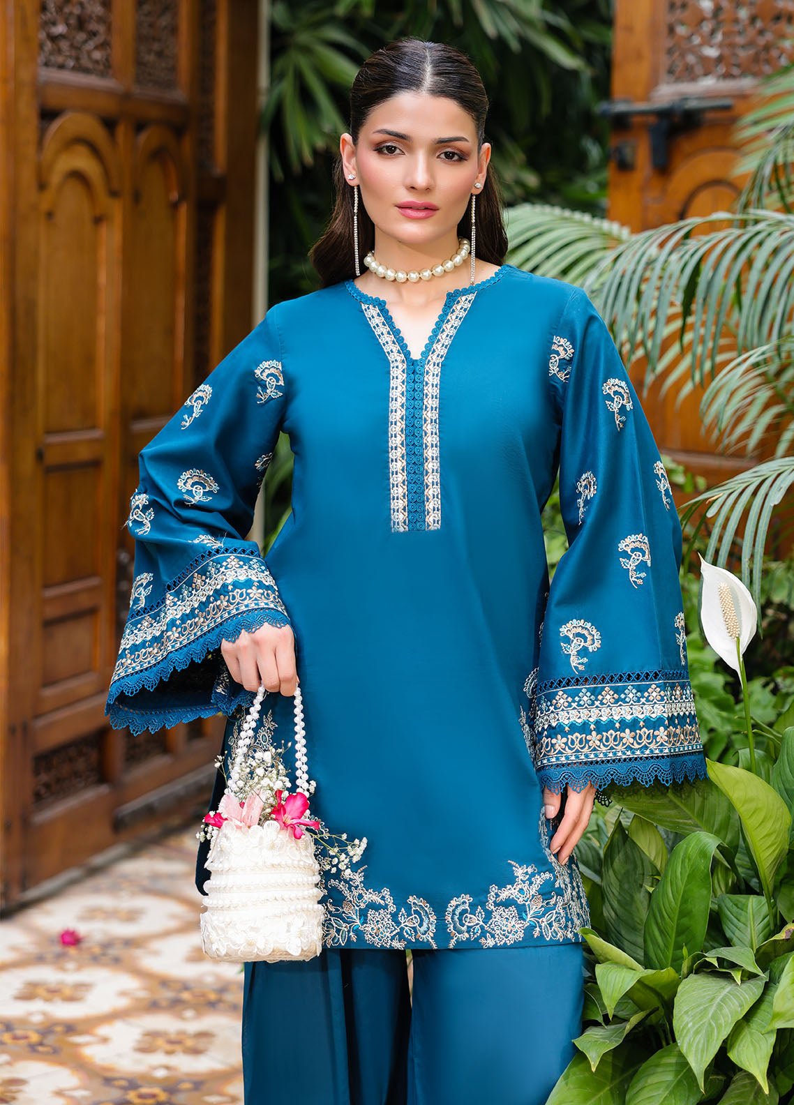 Sahane | Lovent Embroidered Pret 25 | ME23001 Euphoria-Brand:Sahane-Type:Ladies Clothes-Teal Blue-Lawn-House of Maryam- Buy in UK, USA