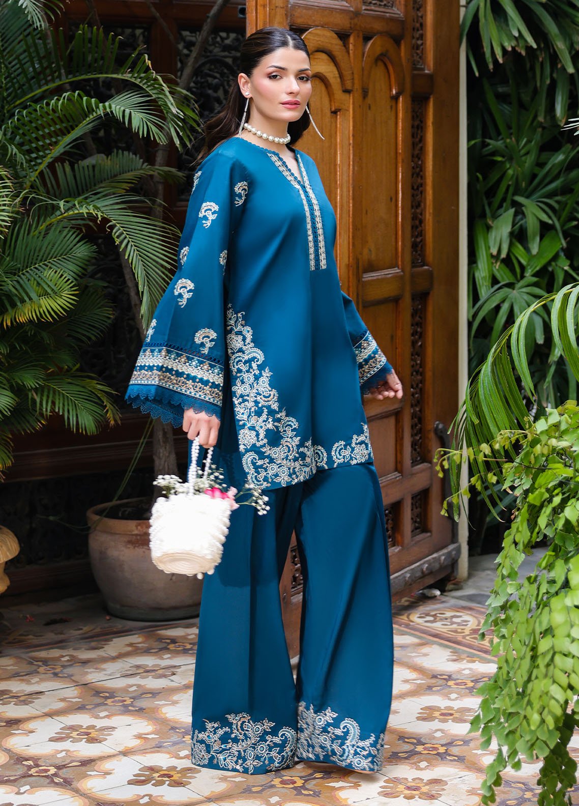 Sahane | Lovent Embroidered Pret 25 | ME23001 Euphoria-Brand:Sahane-Type:Ladies Clothes-Teal Blue-Lawn-House of Maryam- Buy in UK, USA