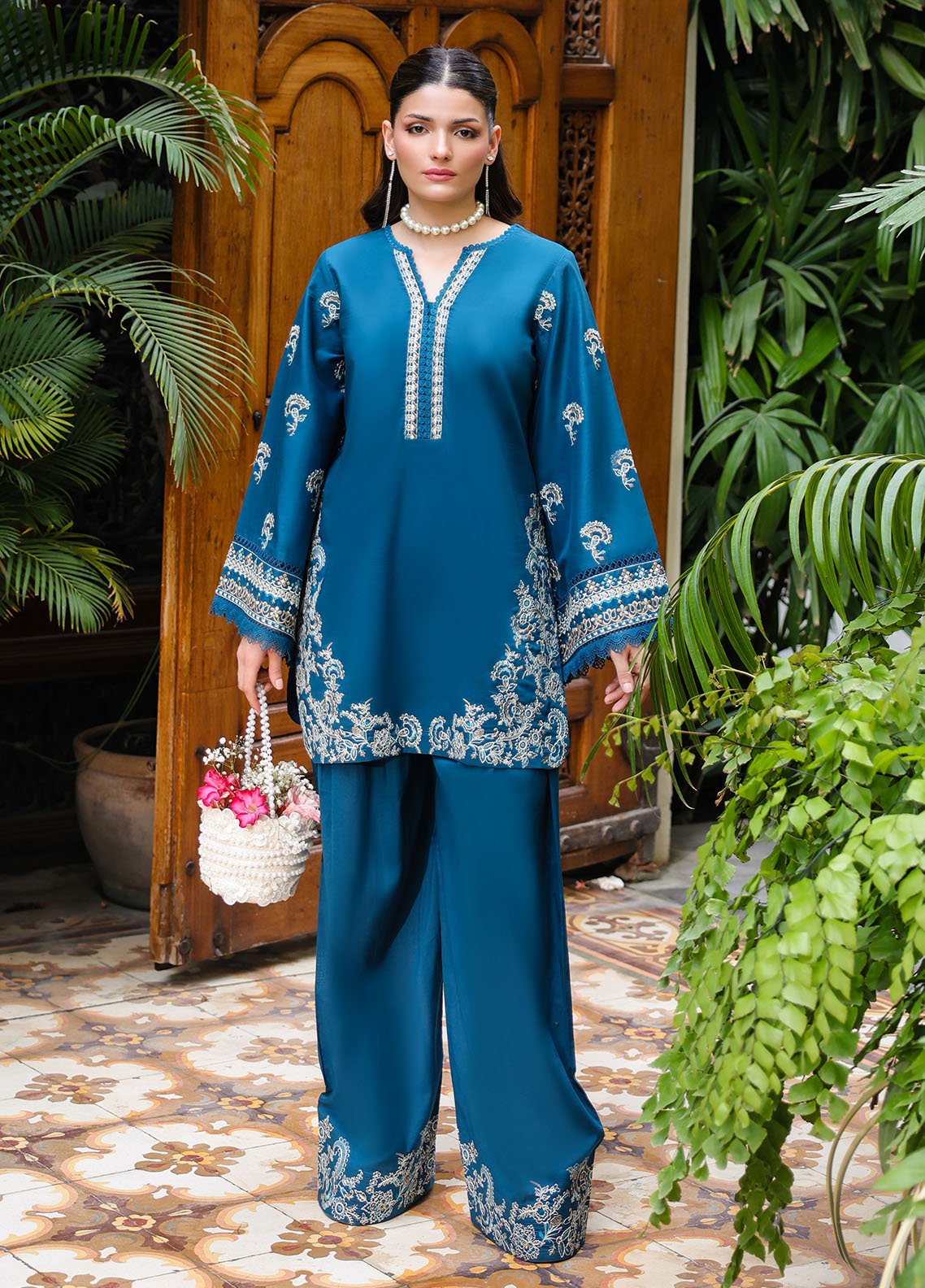 Sahane | Lovent Embroidered Pret 25 | ME23001 Euphoria-Brand:Sahane-Type:Ladies Clothes-Teal Blue-Lawn-House of Maryam- Buy in UK, USA