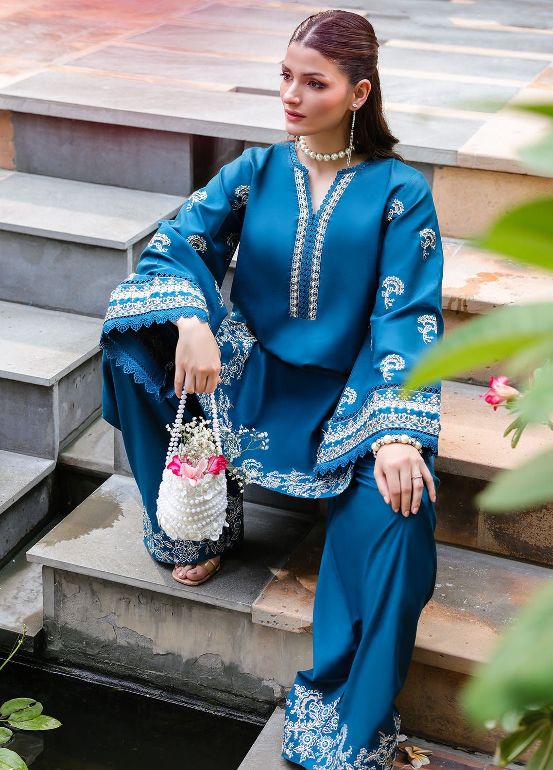 Sahane | Lovent Embroidered Pret 25 | ME23001 Euphoria-Brand:Sahane-Type:Ladies Clothes-Teal Blue-Lawn-House of Maryam- Buy in UK, USA