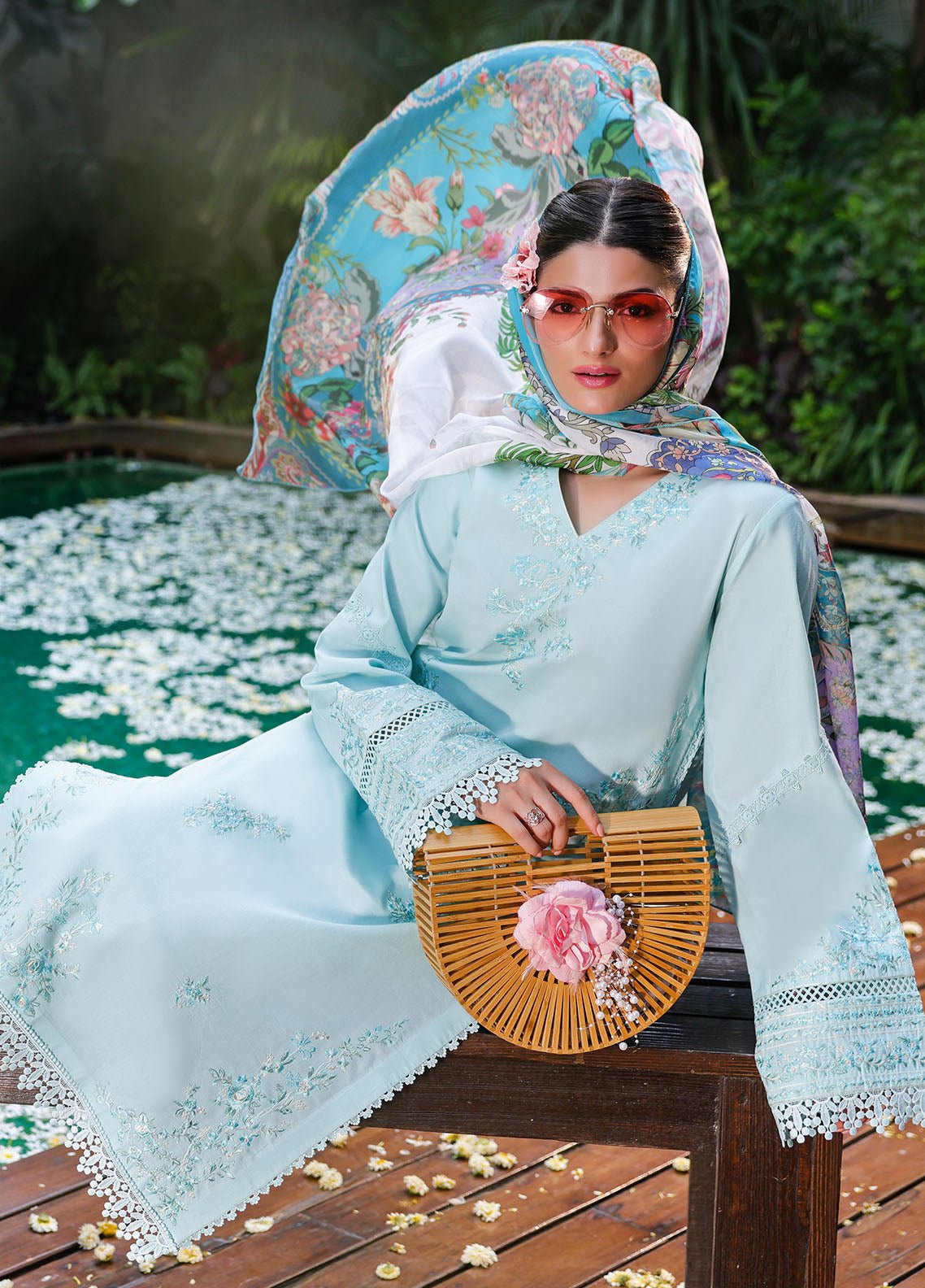 Sahane | Lovent Embroidered Pret 25 | ME23004 Celeste-Brand:Sahane-Type:Ladies Clothes-Ice Blue-Lawn-House of Maryam- Buy in UK, USA
