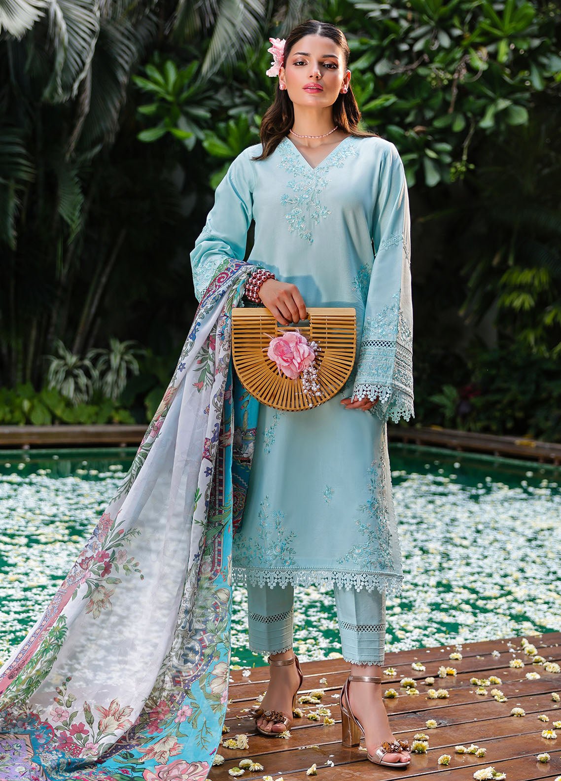Sahane | Lovent Embroidered Pret 25 | ME23004 Celeste-Brand:Sahane-Type:Ladies Clothes-Ice Blue-Lawn-House of Maryam- Buy in UK, USA