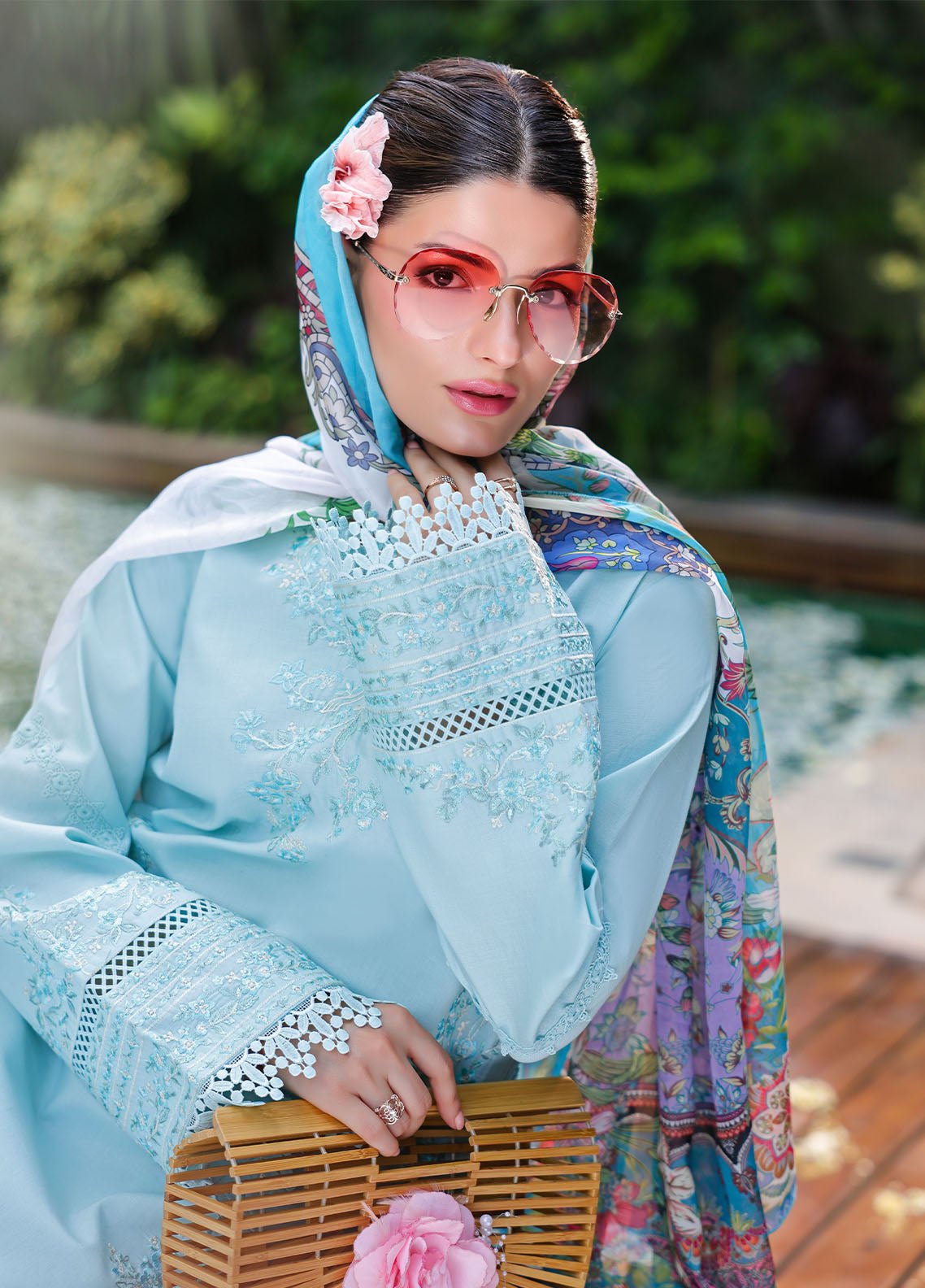 Sahane | Lovent Embroidered Pret 25 | ME23004 Celeste-Brand:Sahane-Type:Ladies Clothes-Ice Blue-Lawn-House of Maryam- Buy in UK, USA