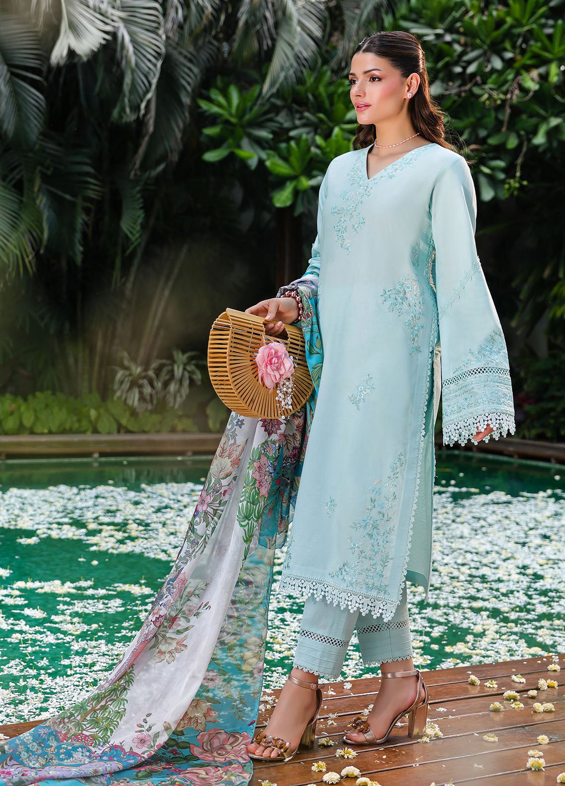 Sahane | Lovent Embroidered Pret 25 | ME23004 Celeste-Brand:Sahane-Type:Ladies Clothes-Ice Blue-Lawn-House of Maryam- Buy in UK, USA