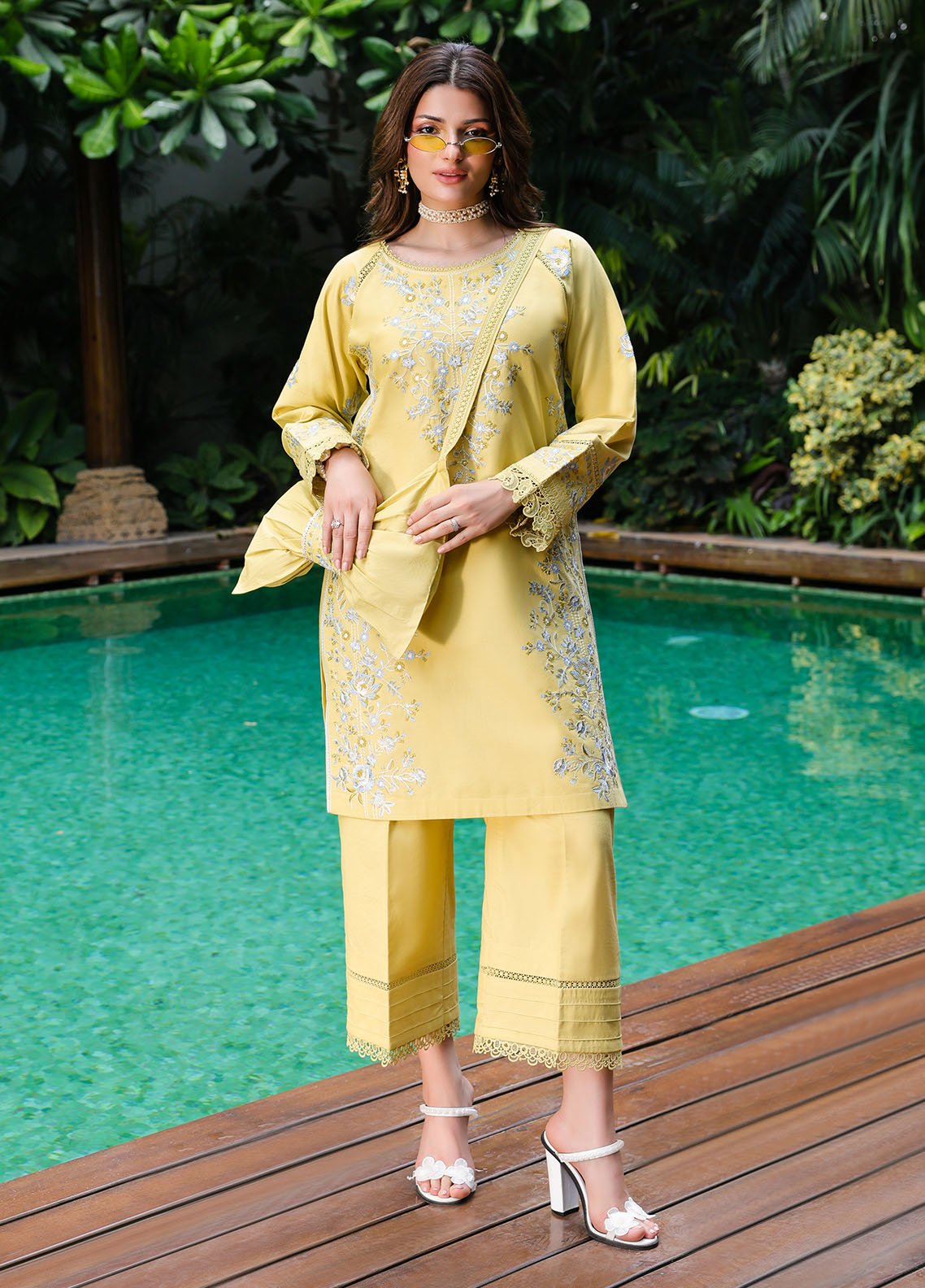 Sahane | Lovent Embroidered Pret 25 | ME23006 Corina-Brand:Sahane-Type:Ladies Clothes-Lime Yellow-Lawn-House of Maryam- Buy in UK, USA
