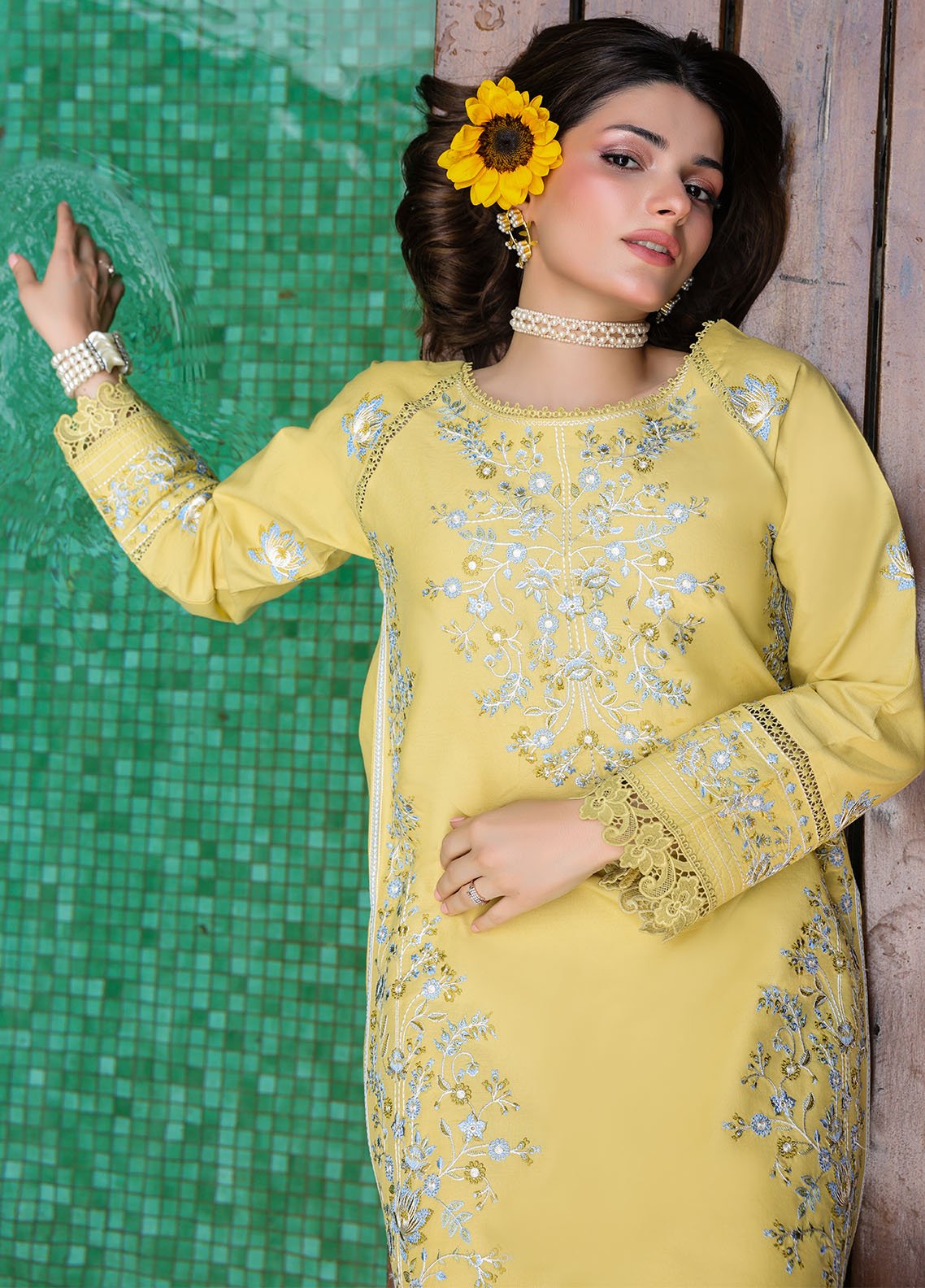 Sahane | Lovent Embroidered Pret 25 | ME23006 Corina-Brand:Sahane-Type:Ladies Clothes-Lime Yellow-Lawn-House of Maryam- Buy in UK, USA