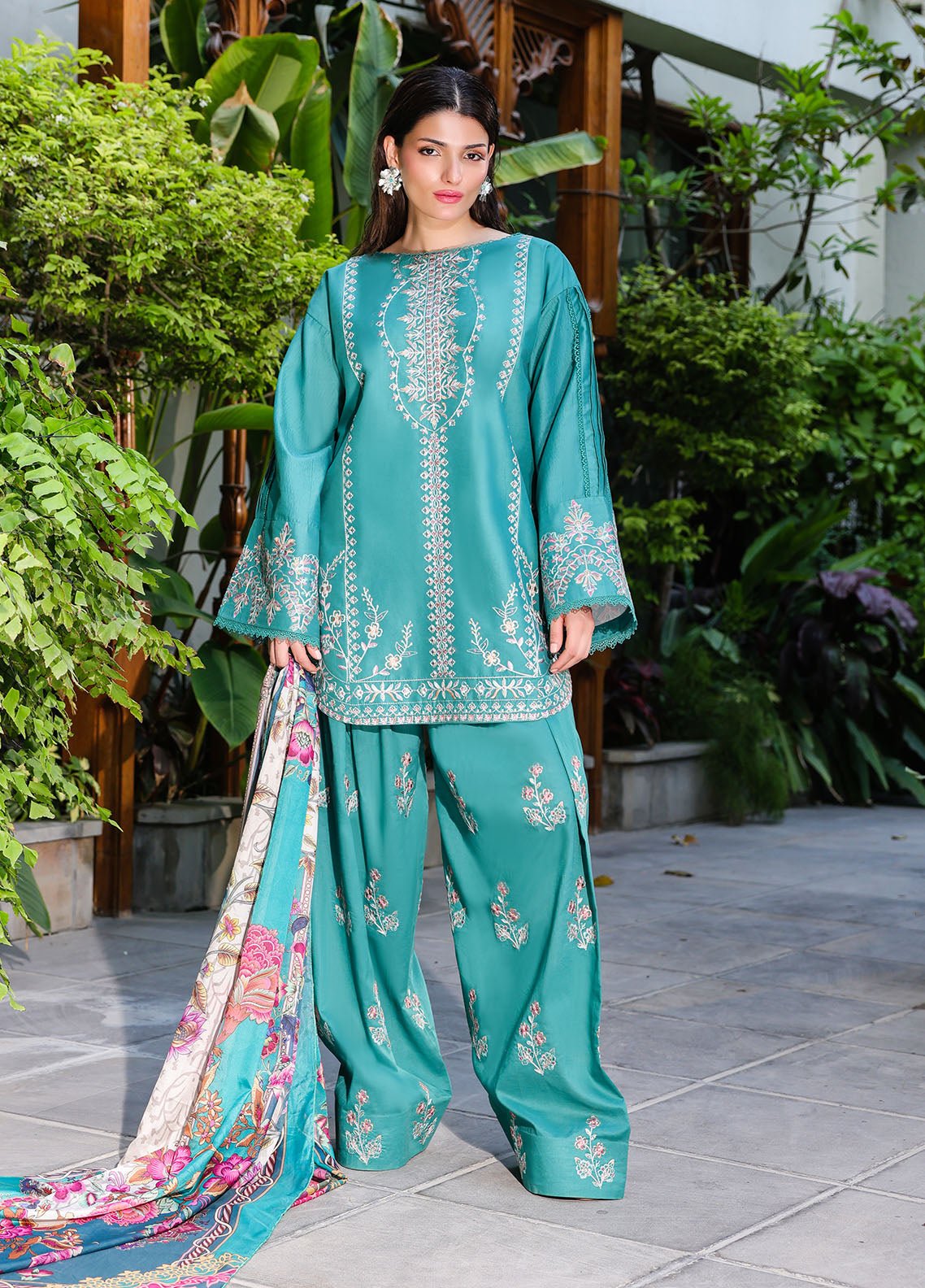 Sahane | Lovent Embroidered Pret 25 | ME23009 Verdelia-Brand:Sahane-Type:Ladies Clothes-Turqiouse-Lawn-House of Maryam- Buy in UK, USA