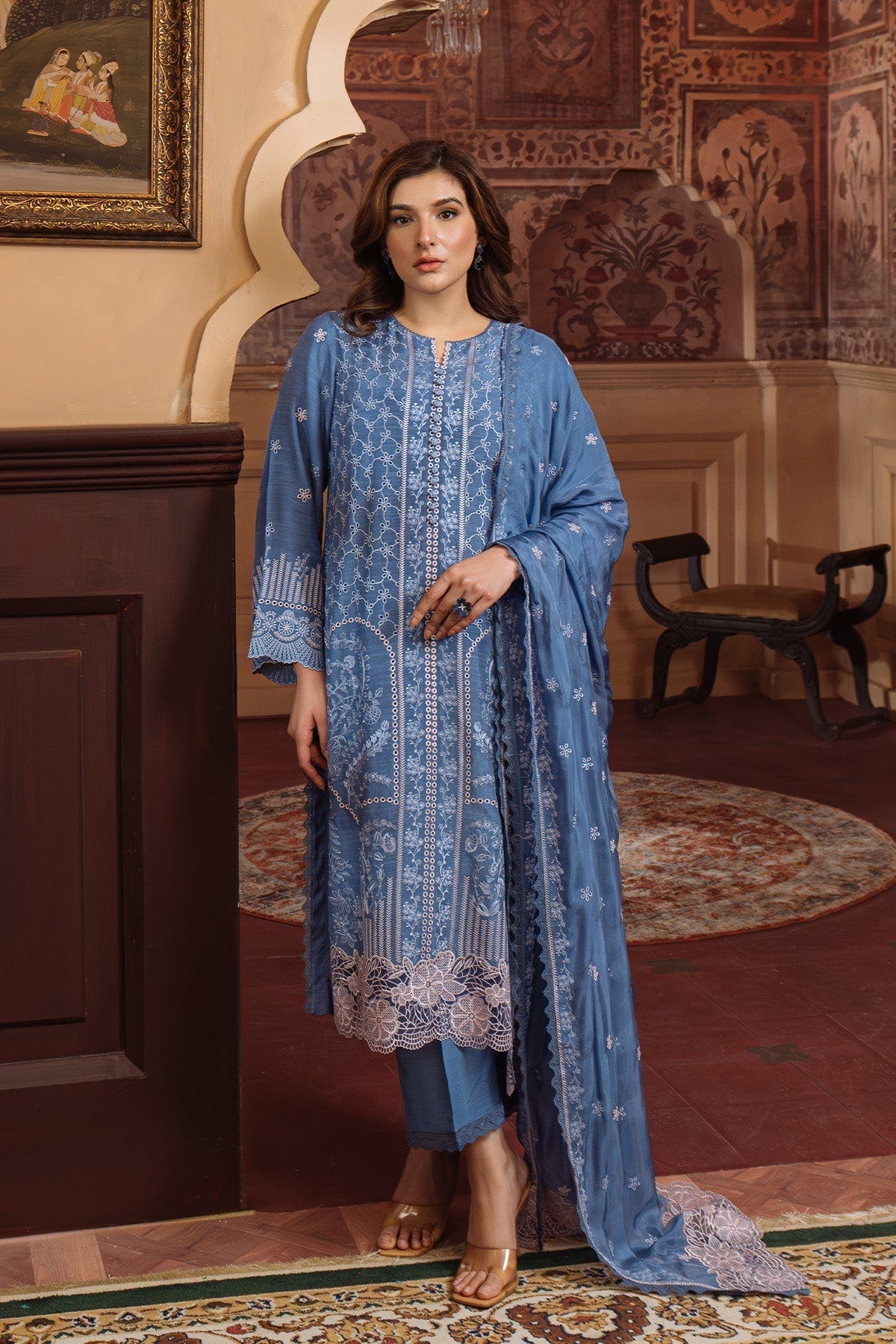Sahar | Festive Edit Ready to Wear | Lagoon Luxe - RTW-Brand:Sahar-Type:Ladies Clothes-Blue Gray-Raw Silk-House of Maryam- Buy in UK, USA