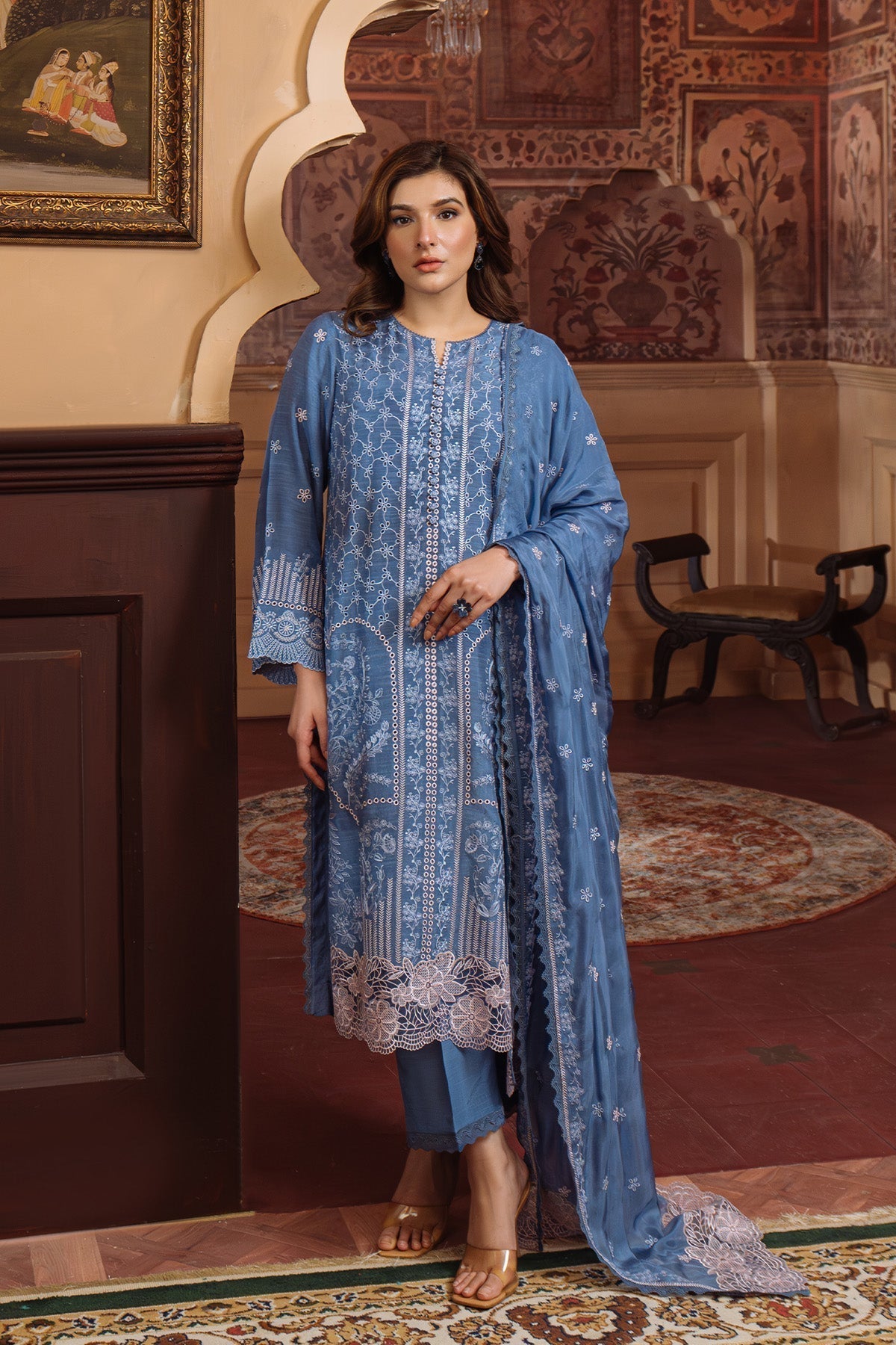 Sahar | Festive Edit Ready to Wear | Lagoon Luxe - RTW-Brand:Sahar-Type:Ladies Clothes-Blue Gray-Raw Silk-House of Maryam- Buy in UK, USA