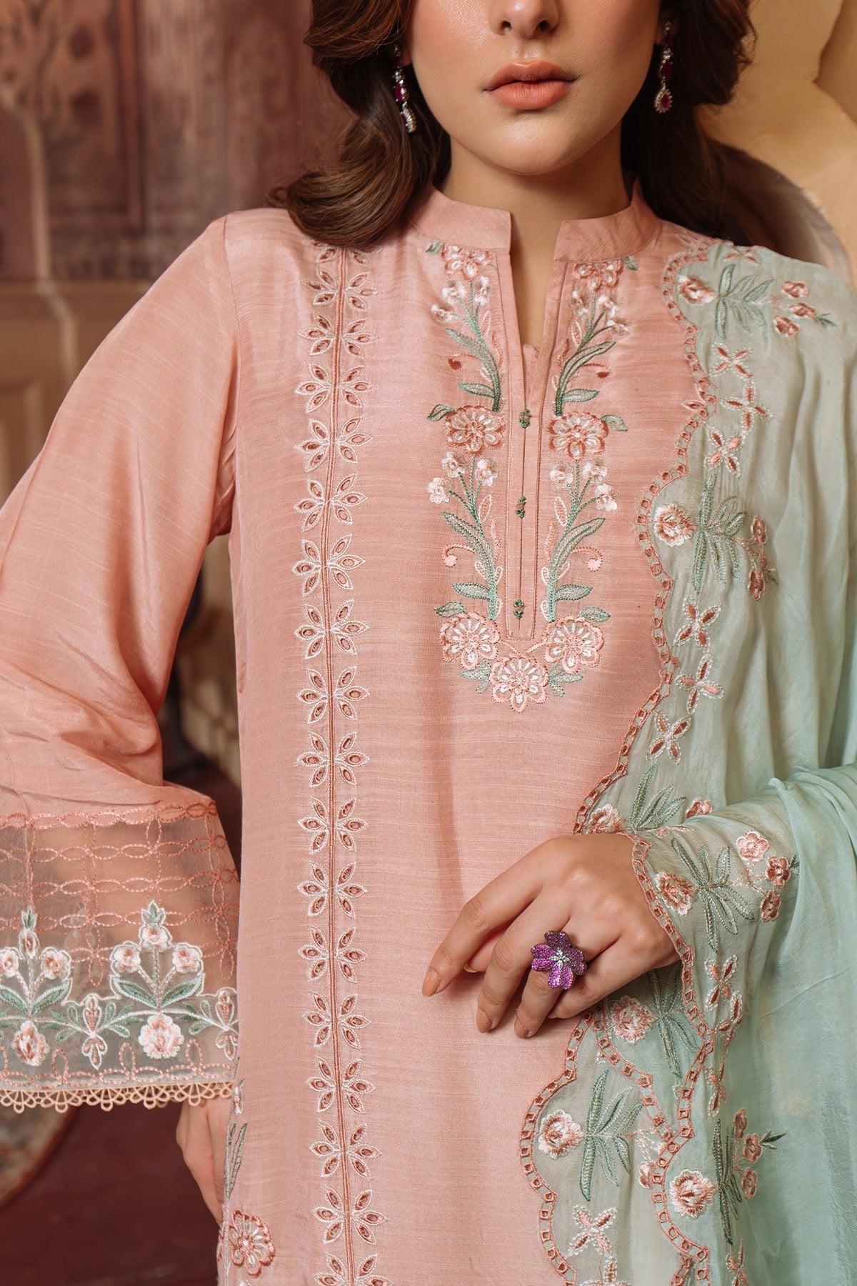 Sahar | Festive Edit Ready to Wear | Majestic Muse - RTW-Brand:Sahar-Type:Ladies Clothes-Peach Pink-Raw Silk-House of Maryam- Buy in UK, USA