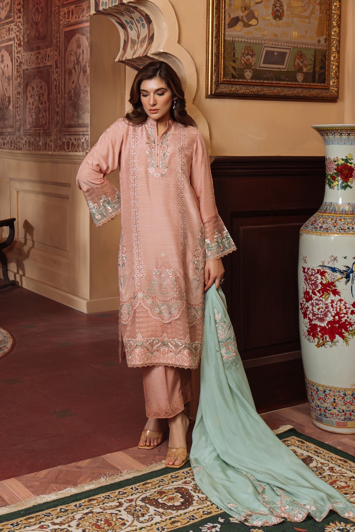 Sahar | Festive Edit Ready to Wear | Majestic Muse - RTW-Brand:Sahar-Type:Ladies Clothes-Peach Pink-Raw Silk-House of Maryam- Buy in UK, USA
