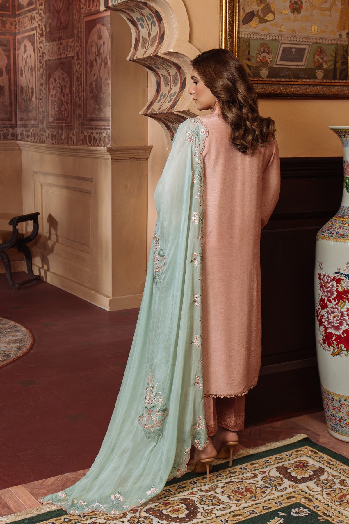 Sahar | Festive Edit Ready to Wear | Majestic Muse - RTW-Brand:Sahar-Type:Ladies Clothes-Peach Pink-Raw Silk-House of Maryam- Buy in UK, USA