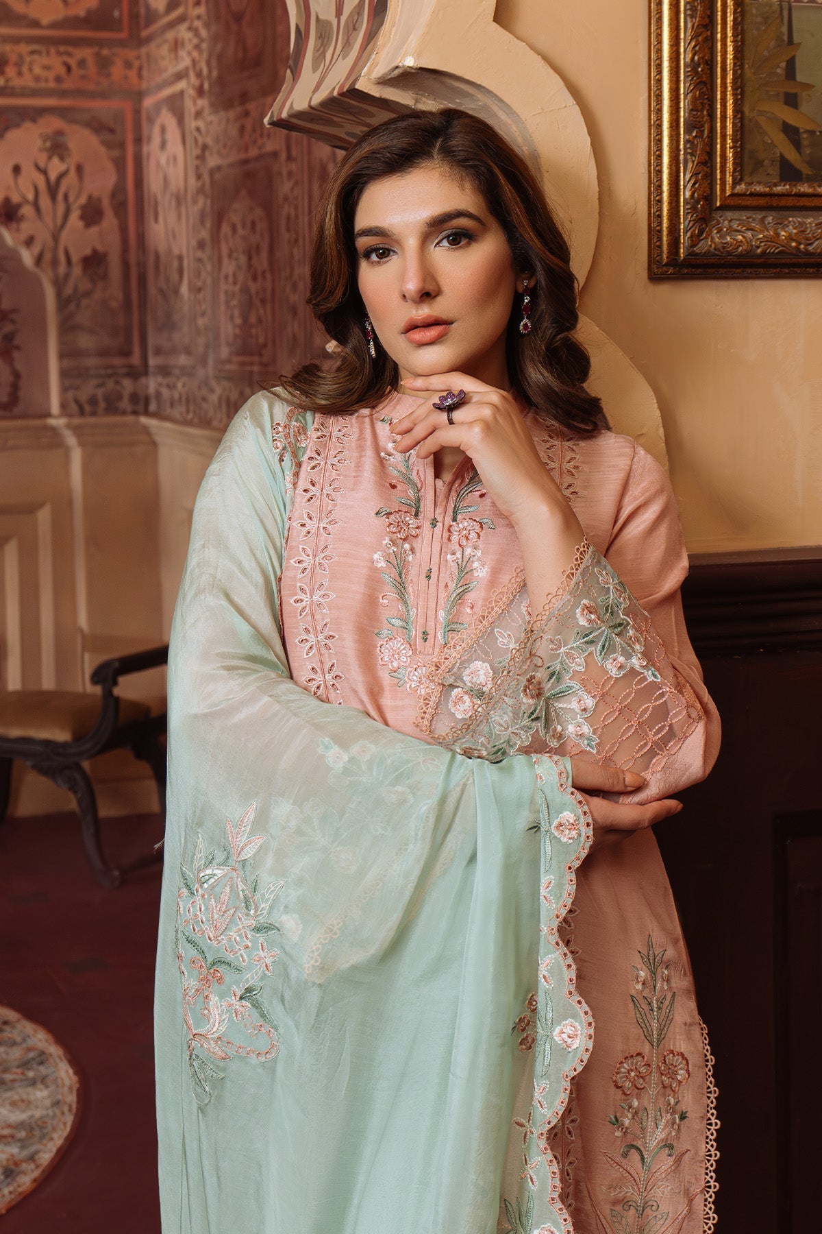 Sahar | Festive Edit Ready to Wear | Majestic Muse - RTW-Brand:Sahar-Type:Ladies Clothes-Peach Pink-Raw Silk-House of Maryam- Buy in UK, USA