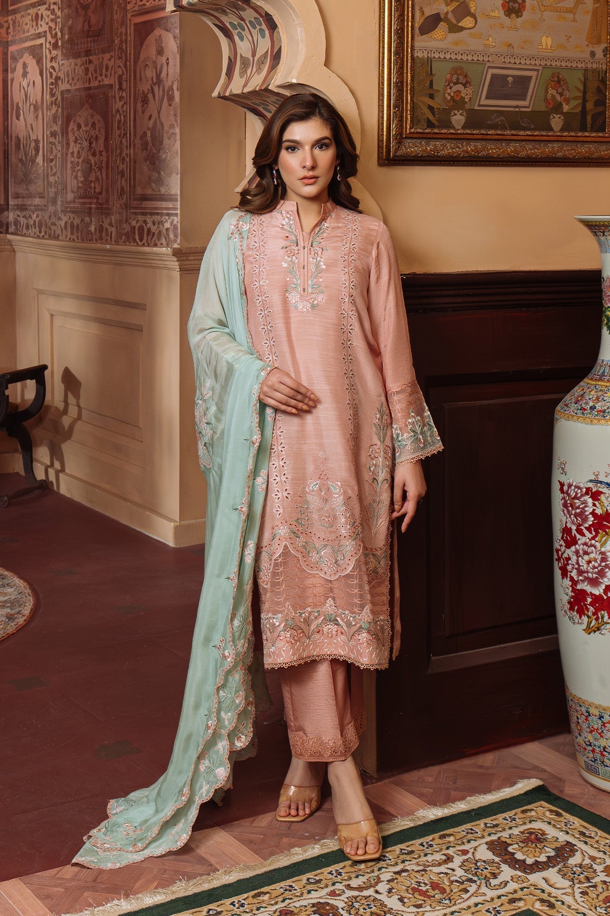 Sahar | Festive Edit Ready to Wear | Majestic Muse - RTW-Brand:Sahar-Type:Ladies Clothes-Peach Pink-Raw Silk-House of Maryam- Buy in UK, USA