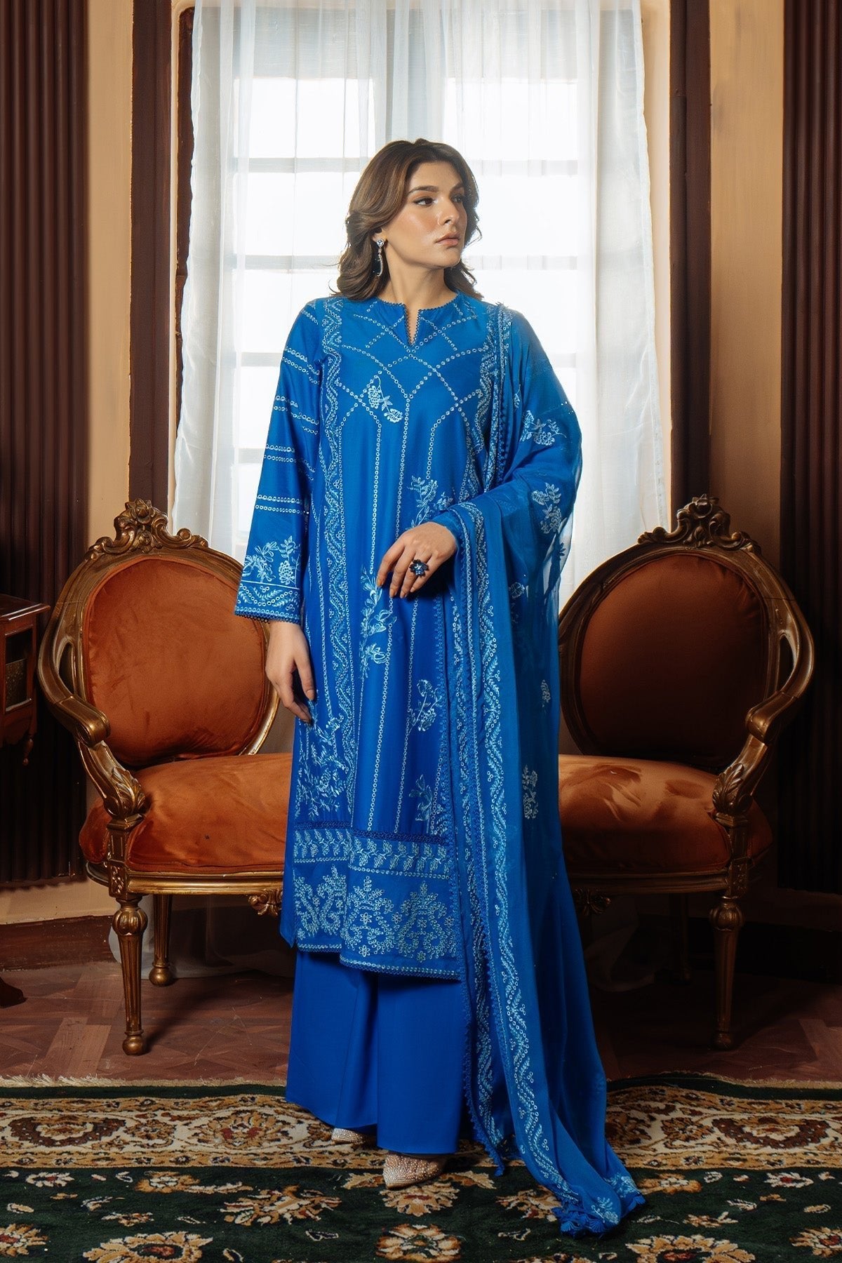 Sahar | Festive Edit Ready to Wear | Moroccan Blue - RTW-Brand:Sahar-Type:Ladies Clothes-Cobalt Blue-Lawn-House of Maryam- Buy in UK, USA