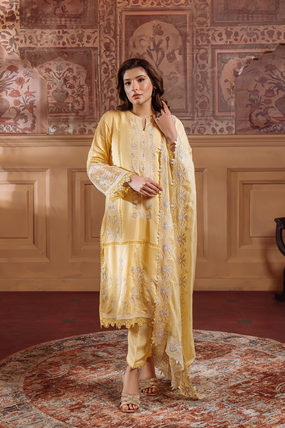Sahar | Festive Edit Ready to Wear | Pale Primrose - RTW-Brand:Sahar-Type:Ladies Clothes-Yellow-Raw Silk-House of Maryam- Buy in UK, USA