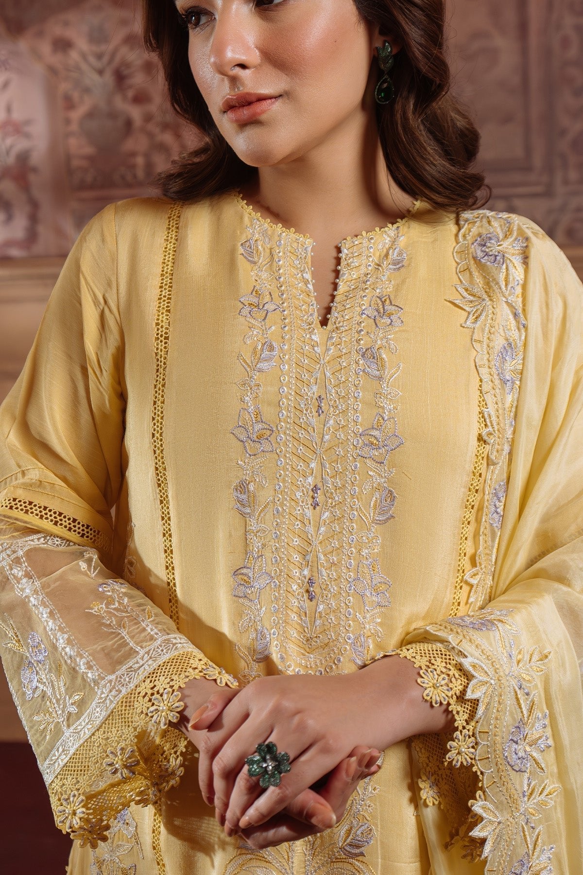 Sahar | Festive Edit Ready to Wear | Pale Primrose - RTW-Brand:Sahar-Type:Ladies Clothes-Yellow-Raw Silk-House of Maryam- Buy in UK, USA