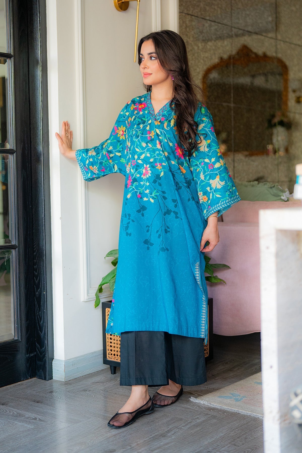 Sahar | Selene Vol 2 | Floral splash-Brand:Sahar-Type:Ladies Clothes-Teal-Lawn-House of Maryam- Buy in UK, USA