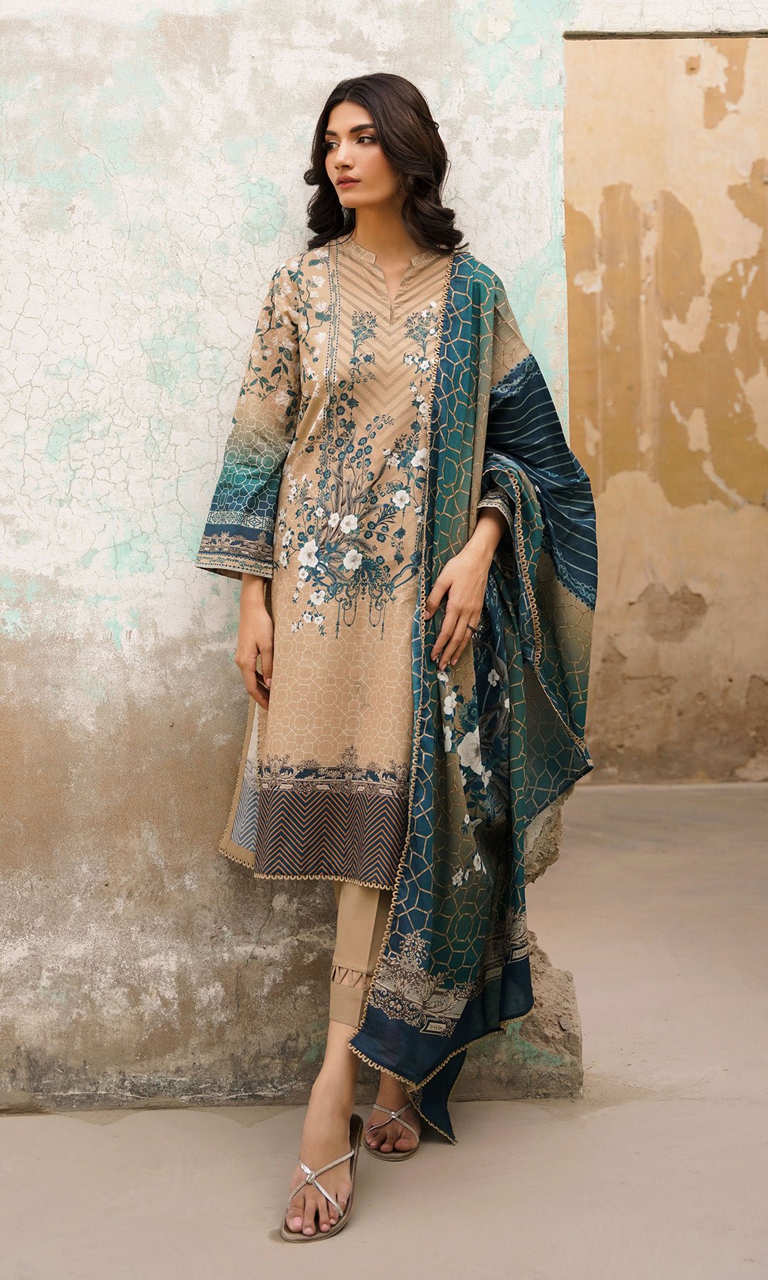 Sahar | Selene Vol 2 | Floralscape-Brand:Sahar-Type:Ladies Clothes-Light Brown-Lawn-House of Maryam- Buy in UK, USA