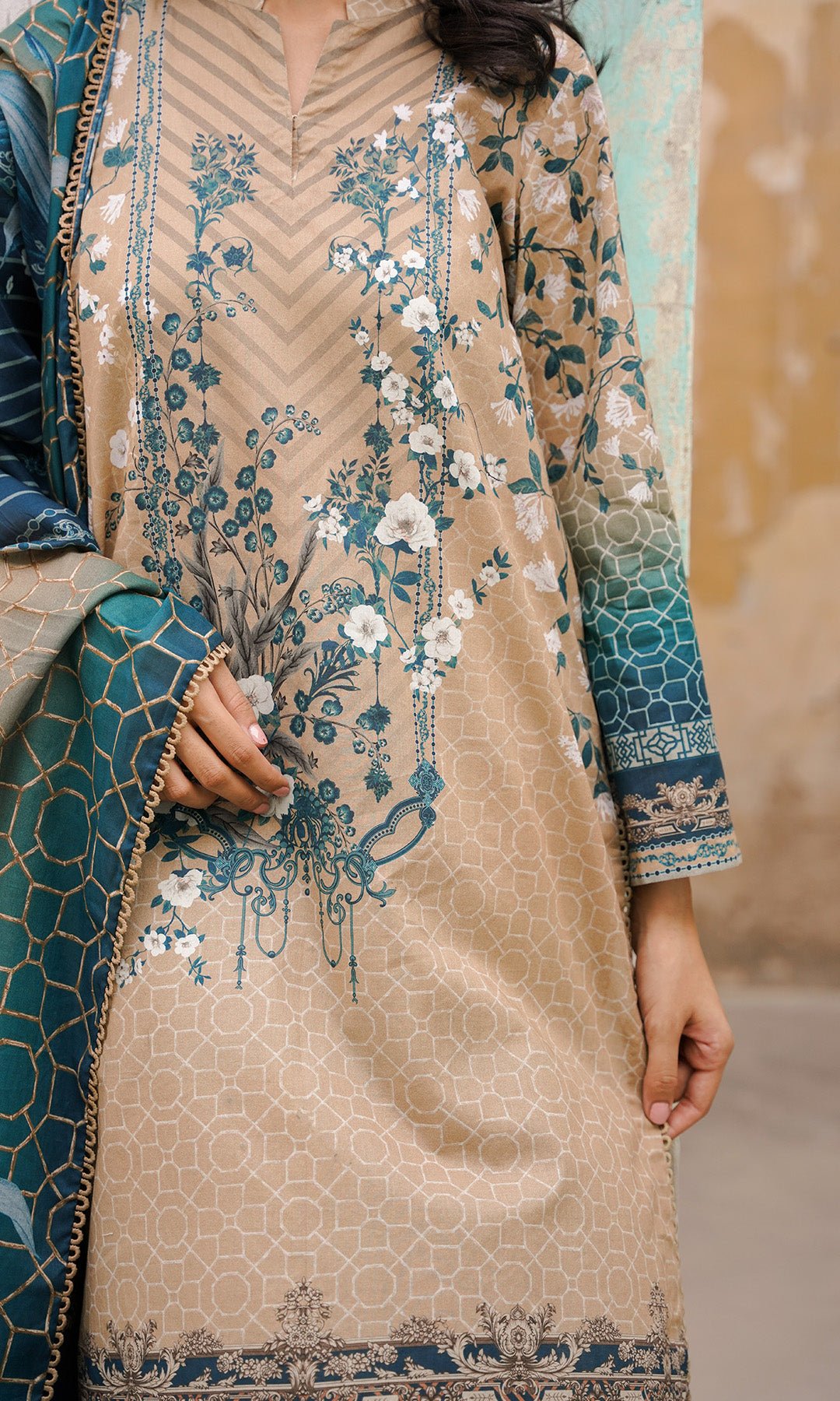 Sahar | Selene Vol 2 | Floralscape-Brand:Sahar-Type:Ladies Clothes-Light Brown-Lawn-House of Maryam- Buy in UK, USA