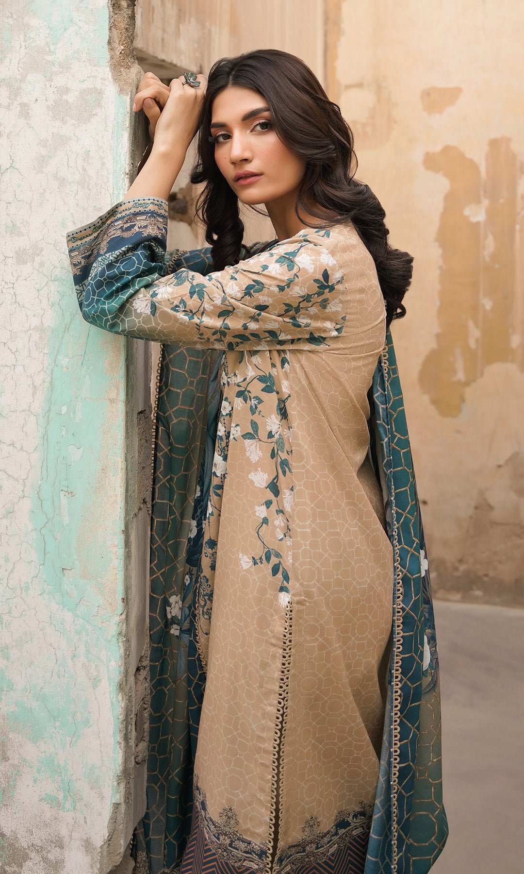 Sahar | Selene Vol 2 | Floralscape-Brand:Sahar-Type:Ladies Clothes-Light Brown-Lawn-House of Maryam- Buy in UK, USA