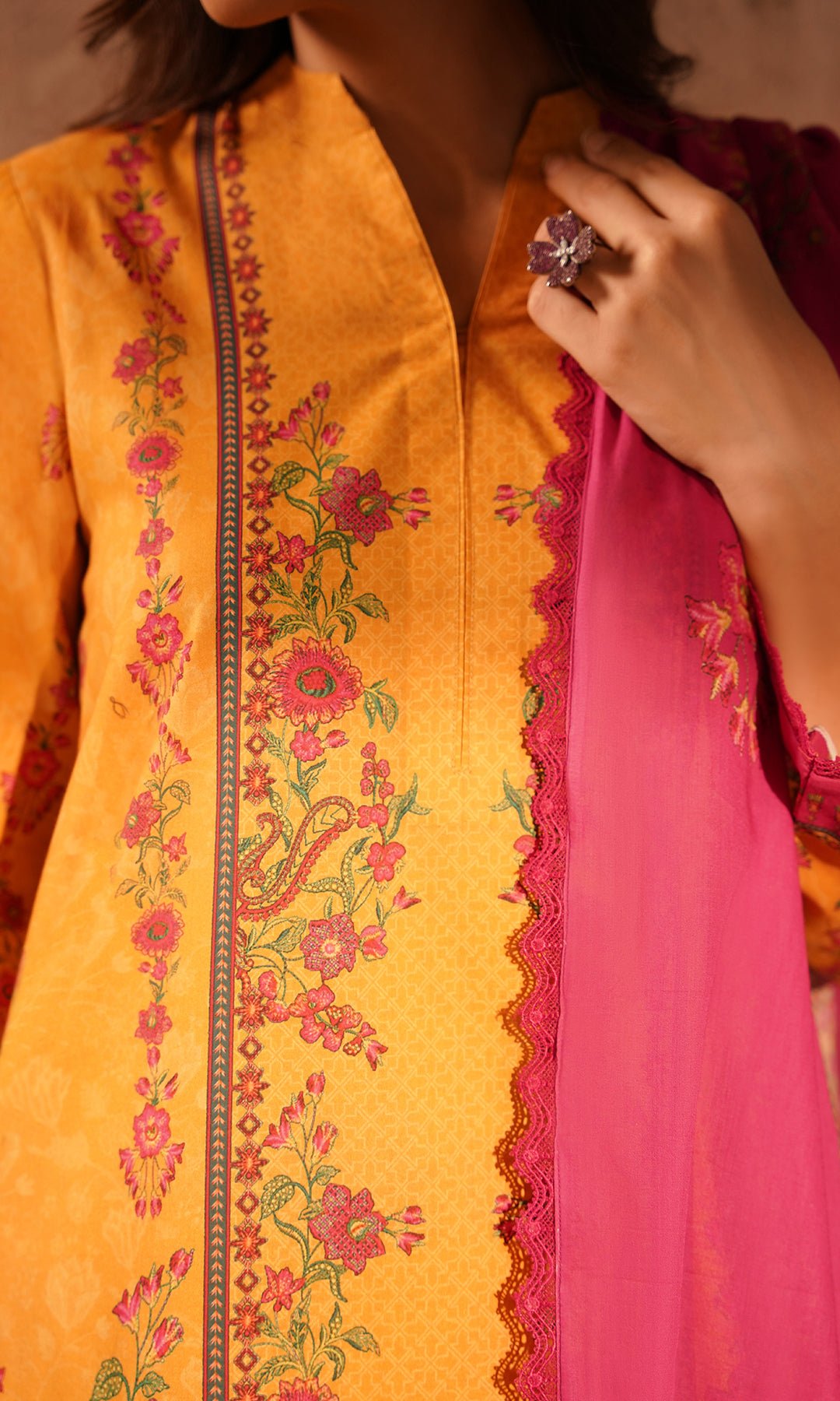 Sahar | Selene Vol 2 | Marigold Magenta-Brand:Sahar-Type:Ladies Clothes-Mustard Yellow-Lawn-House of Maryam- Buy in UK, USA