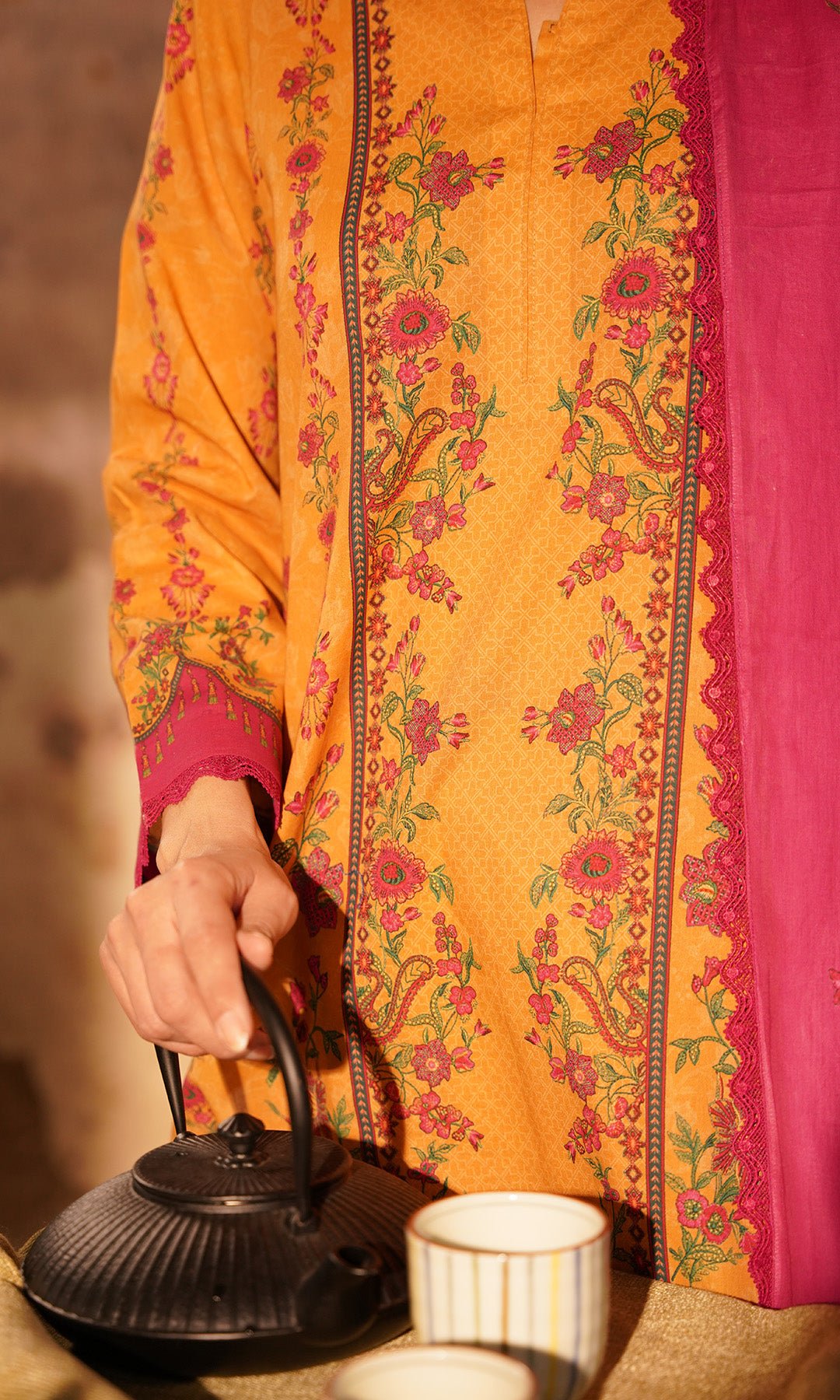 Sahar | Selene Vol 2 | Marigold Magenta-Brand:Sahar-Type:Ladies Clothes-Mustard Yellow-Lawn-House of Maryam- Buy in UK, USA