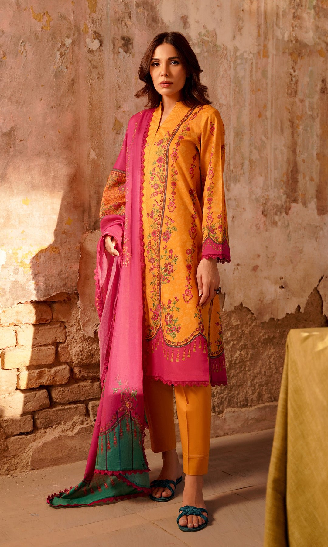 Sahar | Selene Vol 2 | Marigold Magenta-Brand:Sahar-Type:Ladies Clothes-Mustard Yellow-Lawn-House of Maryam- Buy in UK, USA