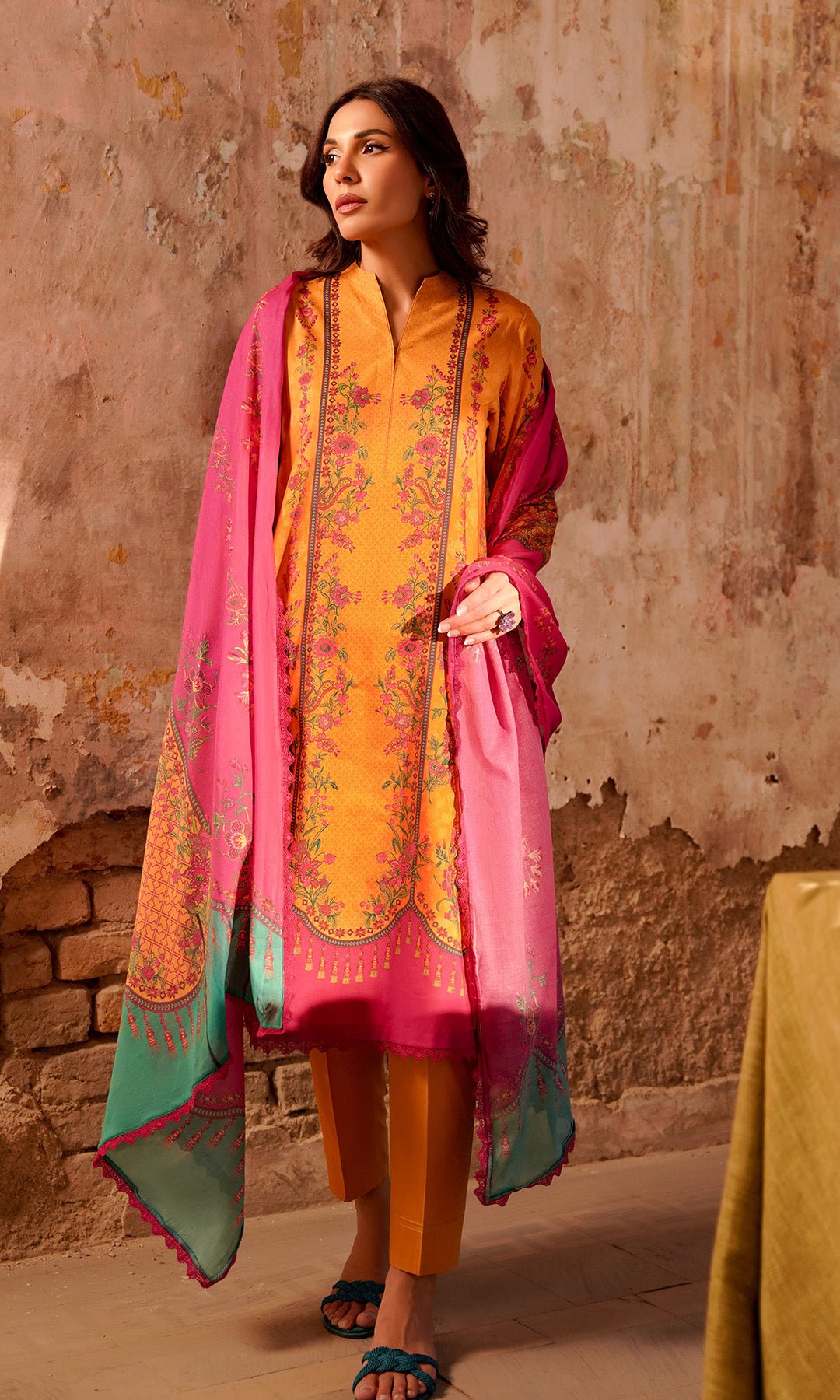 Sahar | Selene Vol 2 | Marigold Magenta-Brand:Sahar-Type:Ladies Clothes-Mustard Yellow-Lawn-House of Maryam- Buy in UK, USA