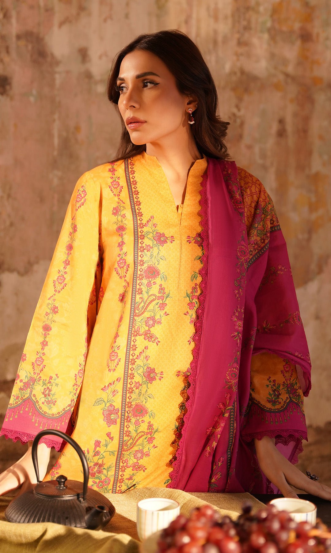 Sahar | Selene Vol 2 | Marigold Magenta-Brand:Sahar-Type:Ladies Clothes-Mustard Yellow-Lawn-House of Maryam- Buy in UK, USA