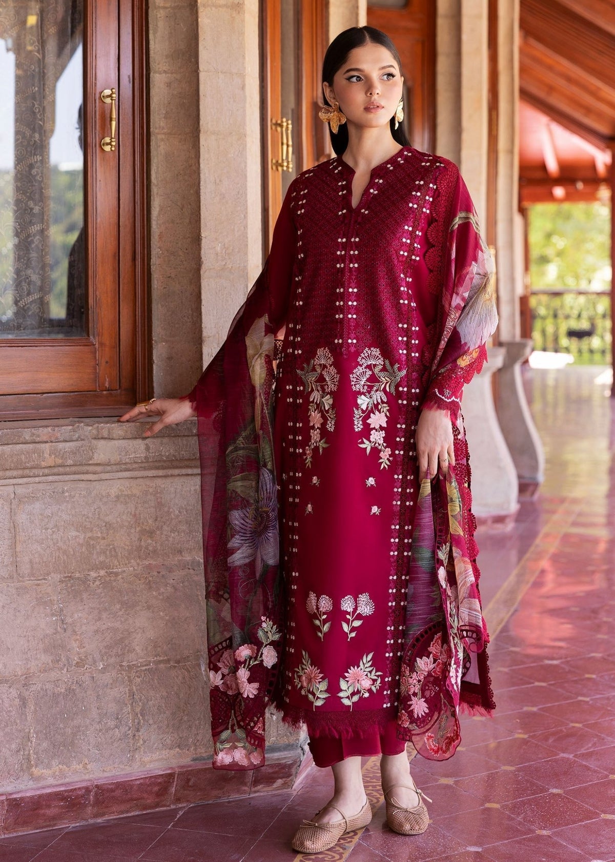 Saira Shakira | Bloom Lawn 25 | HANGING GARDENS 2-A-Brand:Saira Shakira-Type:Ladies Clothes-Red-Lawn-House of Maryam- Buy in UK, USA