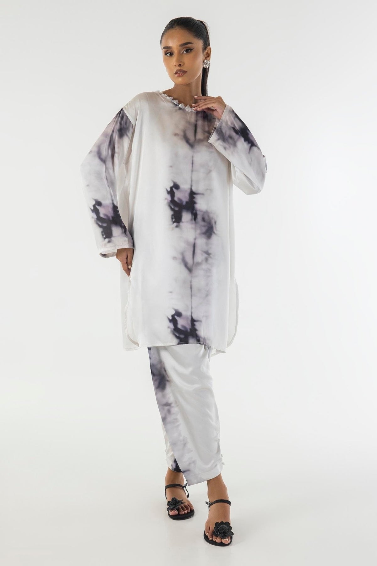 Sana Safinaz | Silk Tunics | SS24STP121P2T-Brand:Sana Safinaz-Type:Ladies Clothes-Multicolor-Poly Satin-House of Maryam- Buy in UK, USA