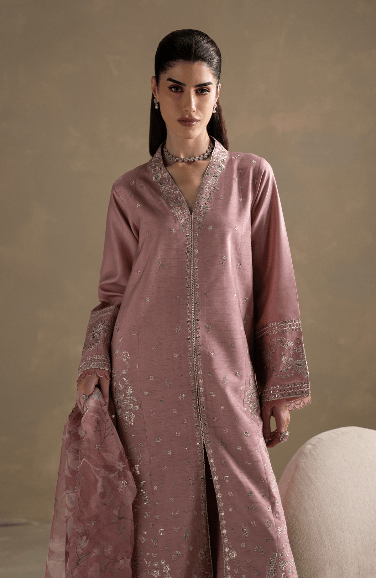 Seran | Lumiere RTW Eid 26 | Rosalie-Brand:Seran-Type:Ladies Clothes-Dusty Rose-Raw Silk-House of Maryam- Buy in UK, USA