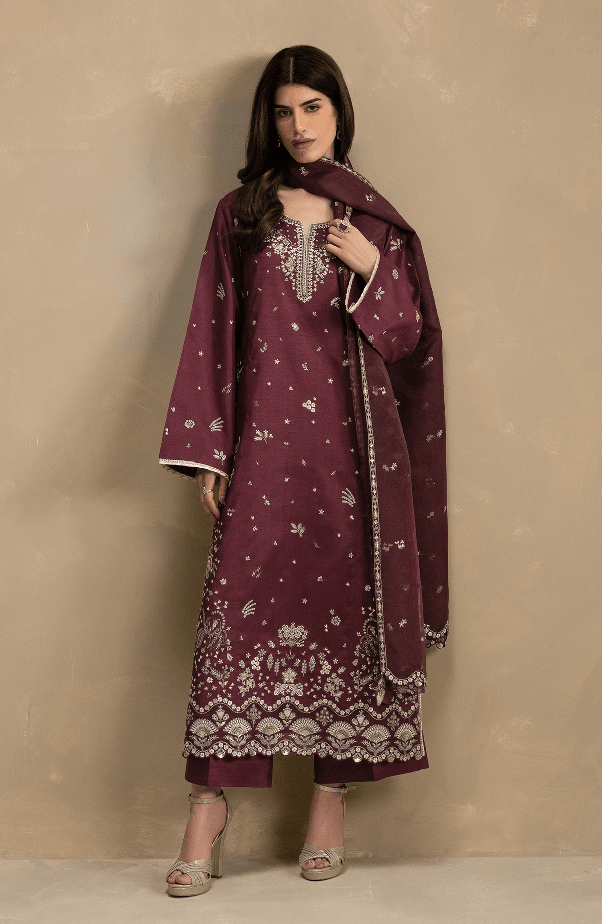 Seran | Lumiere RTW Eid 26 | Rouge-Brand:Seran-Type:Ladies Clothes-Dark Maroon-Raw Silk-House of Maryam- Buy in UK, USA