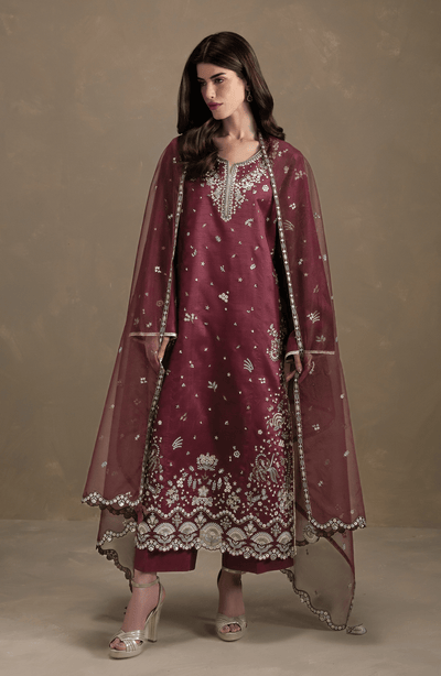 Seran | Lumiere RTW Eid 26 | Rouge-Brand:Seran-Type:Ladies Clothes-Dark Maroon-Raw Silk-House of Maryam- Buy in UK, USA