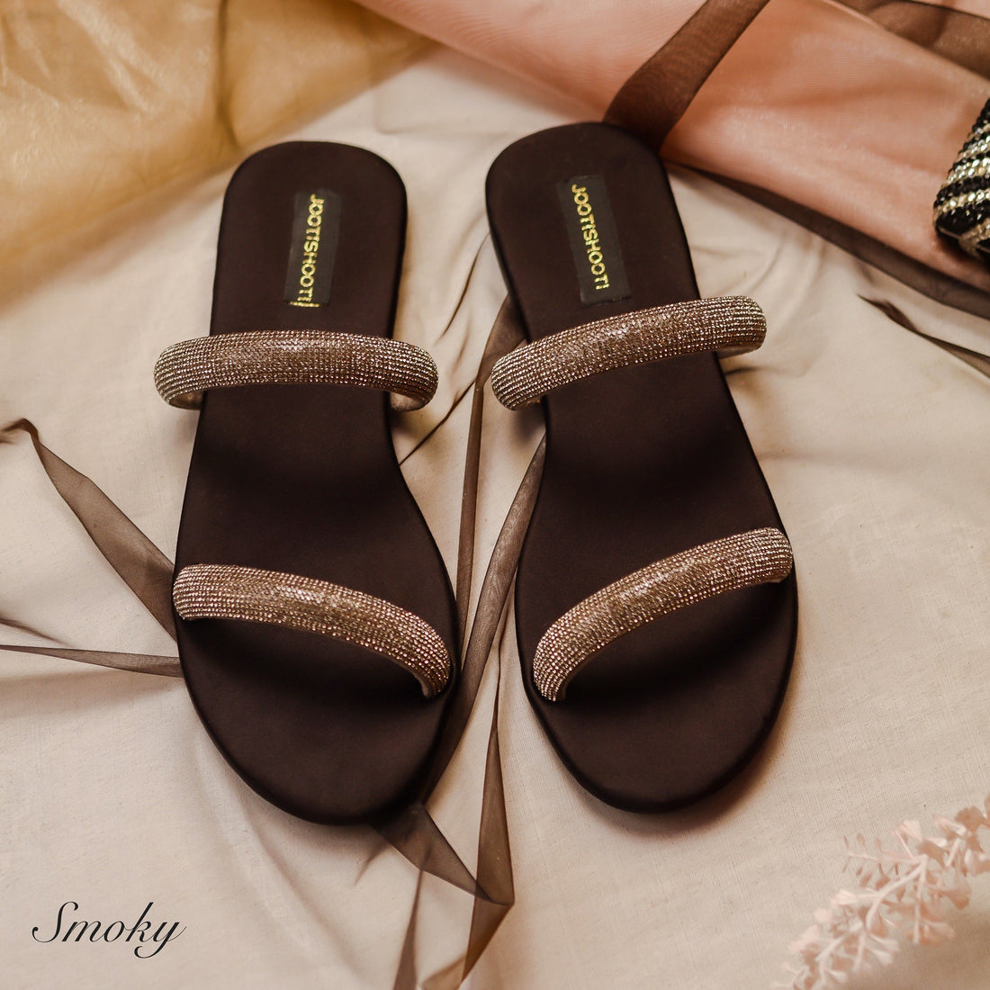 Smoky Two Strap Diamanté Slides by Designer House of Maryam - House of Maryam - Pakistani Designer Ethnic Wear in {{ shop.shopifyCountryName }}