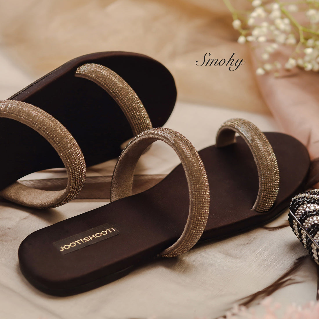 Smoky Two Strap Diamanté Slides by Designer House of Maryam - House of Maryam - Pakistani Designer Ethnic Wear in {{ shop.shopifyCountryName }}