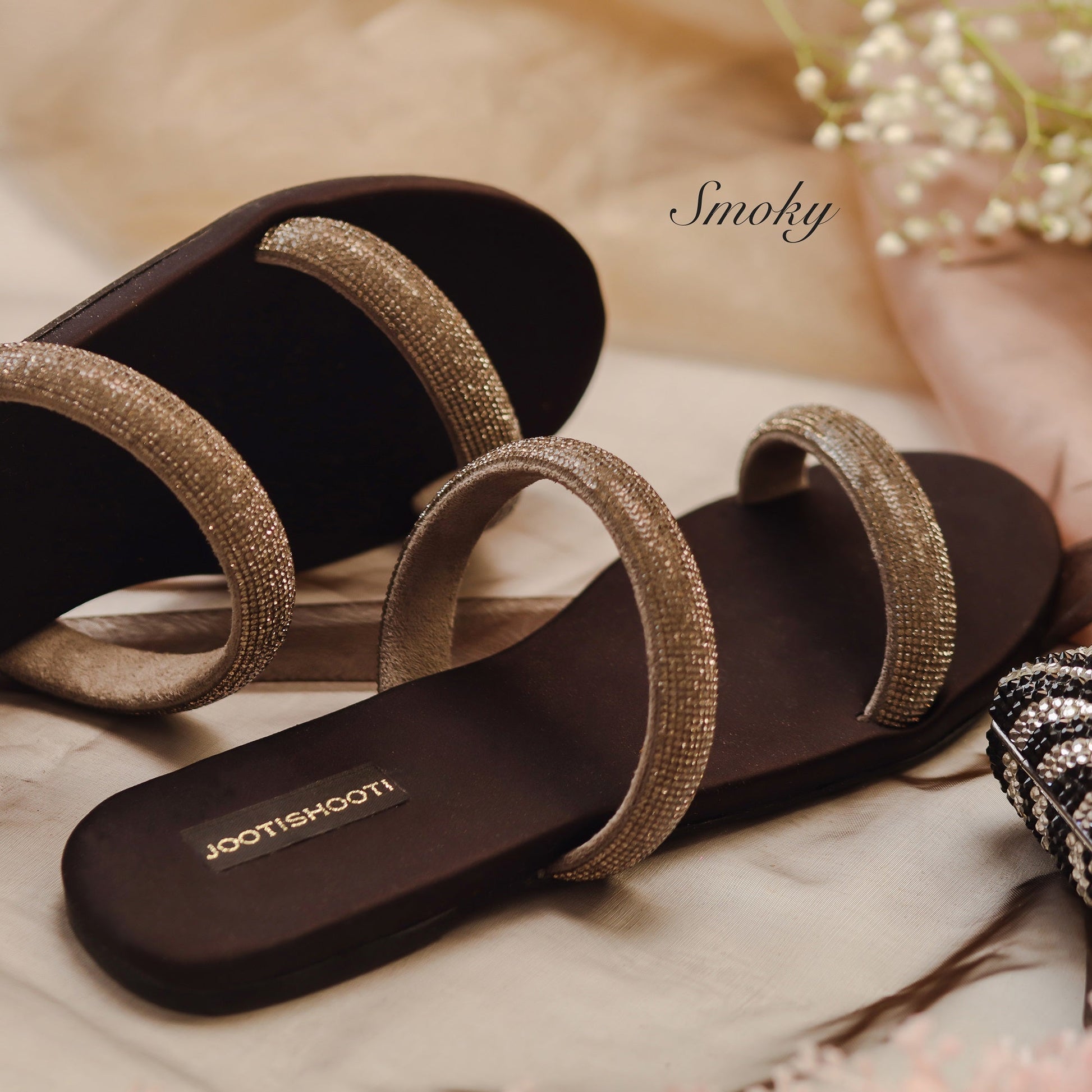 Smoky Two Strap Diamanté Slides by Designer House of Maryam - House of Maryam - Pakistani Designer Ethnic Wear in {{ shop.shopifyCountryName }}