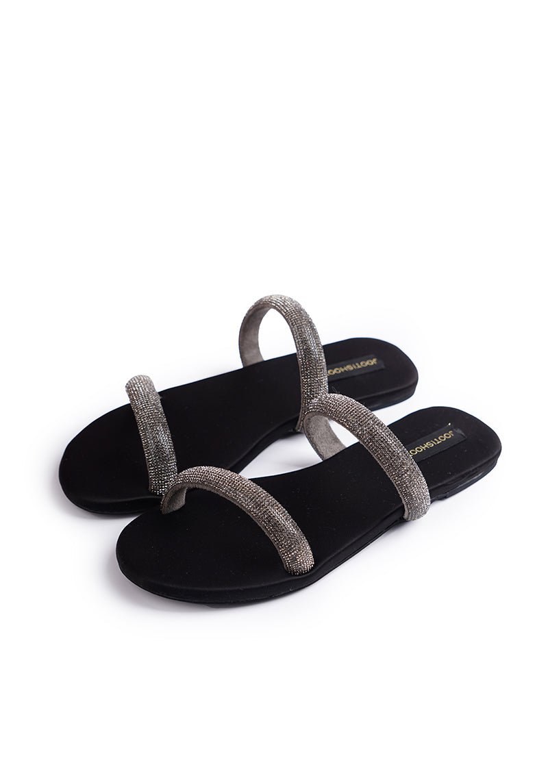 Smoky Two Strap Diamanté Slides by House of Maryam - House of Maryam