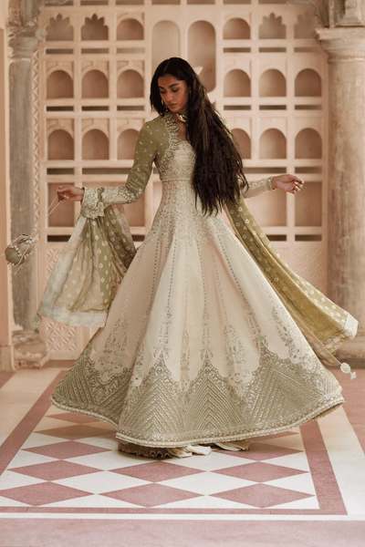 Soraya Lehr olive and cream peshwas and lehenga