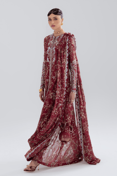 Soraya Saaz cherry red draped chiffon jacket set