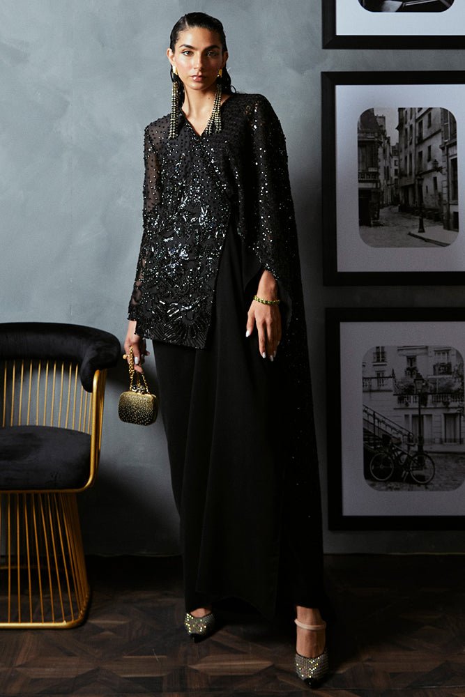 Suffuse Bella black drape dress with embellished jacket