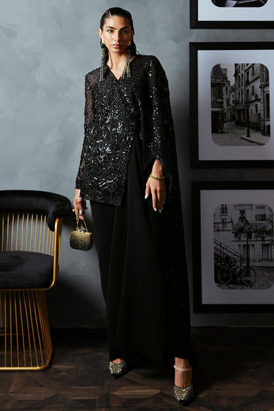 Suffuse Bella black drape dress with embellished jacket