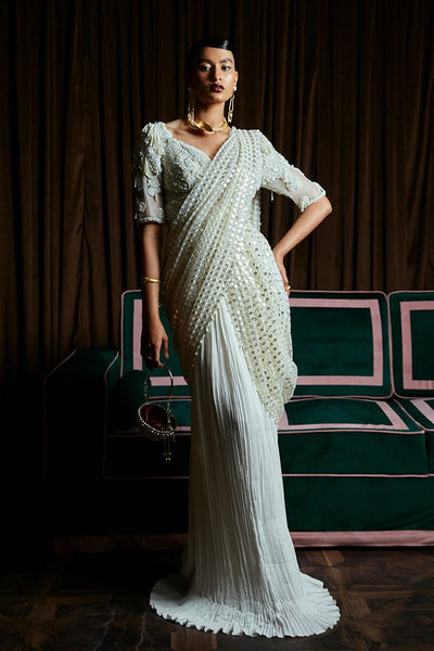 Suffuse Ivy pearl white embellished saree