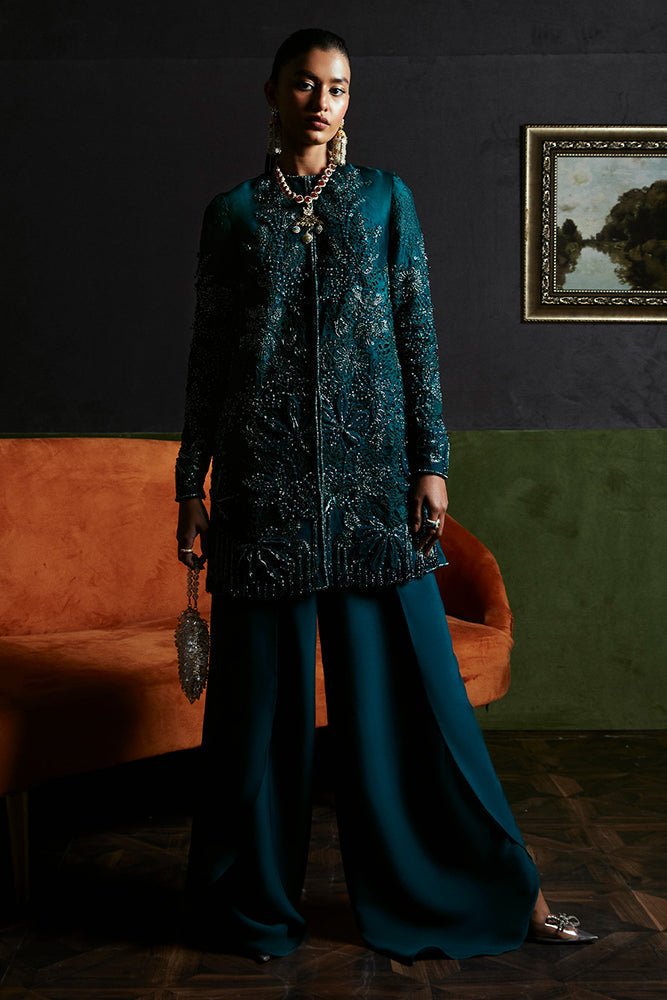 Suffuse Jasmine teal green organza jacket and flared pants