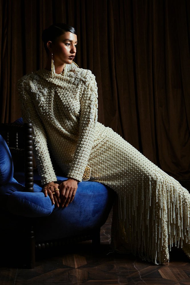 Suffuse Opal pale yellow pearl embellished shirt and pants, photo 2