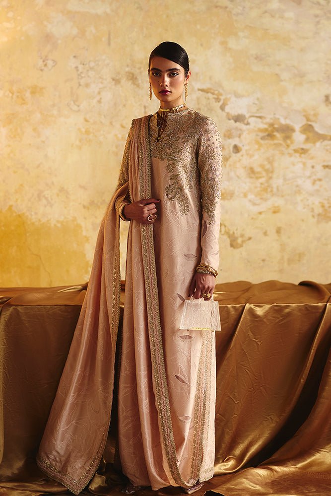 Suffuse Vareen rose gold draped silk shirt and pants